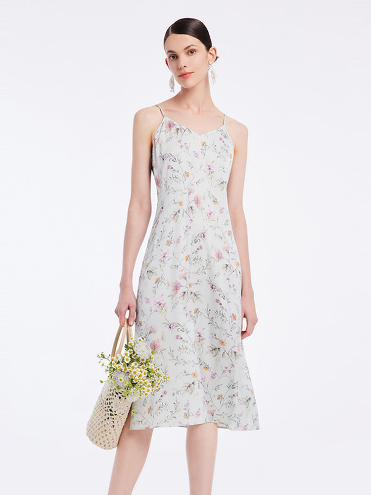 19 Momme Stretch Silk Floral Spaghetti Strap Midi Dress