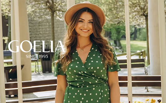 a lady in green and white polka dot dress