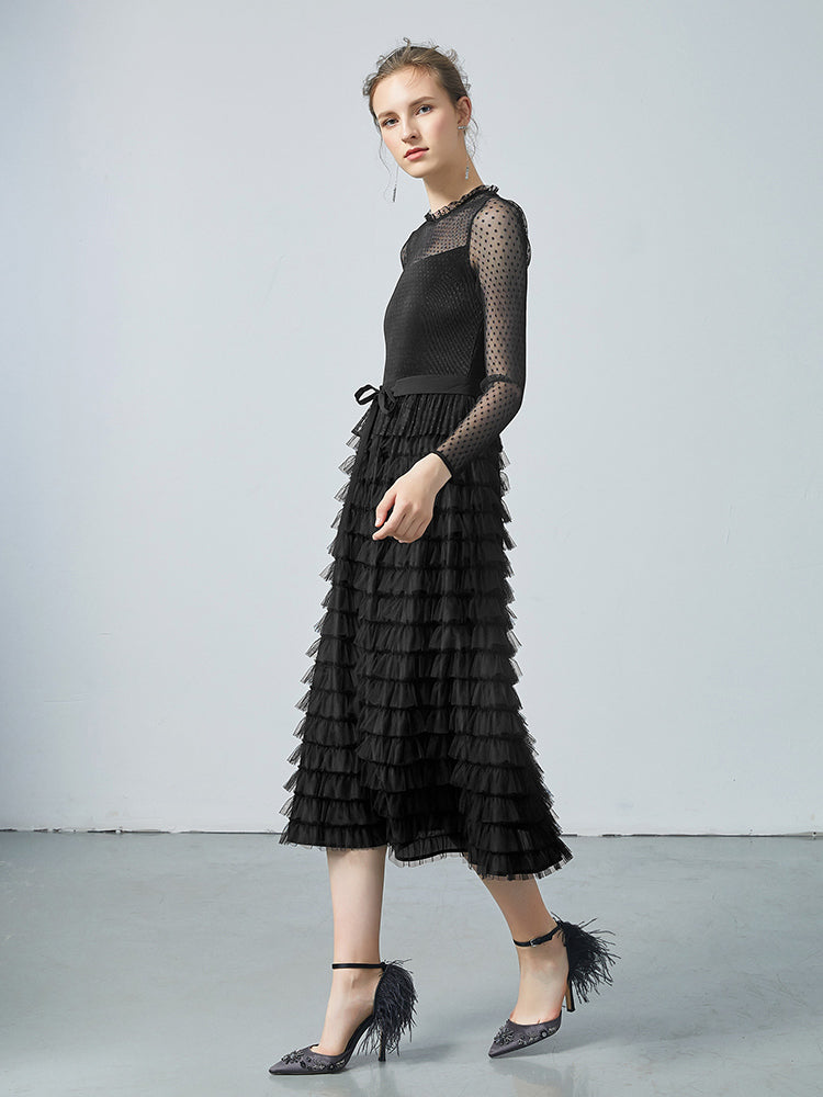 Pleated Tiered Sheer Sleeve Cake Midi Dress GOELIA