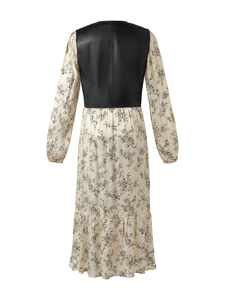 Eco-Friendly Fur Vest And Floral Printed Dress Two-Piece Set GOELIA