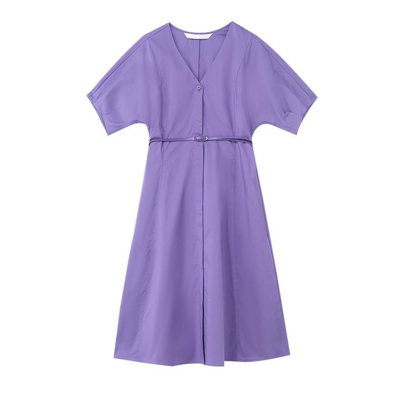 Cotton Short Sleeve V-neck Mini Dress With Belt GOELIA