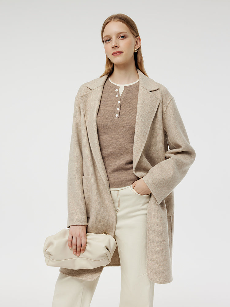 Wool Cashmere Herringbone Women Mid-Length Coat GOELIA