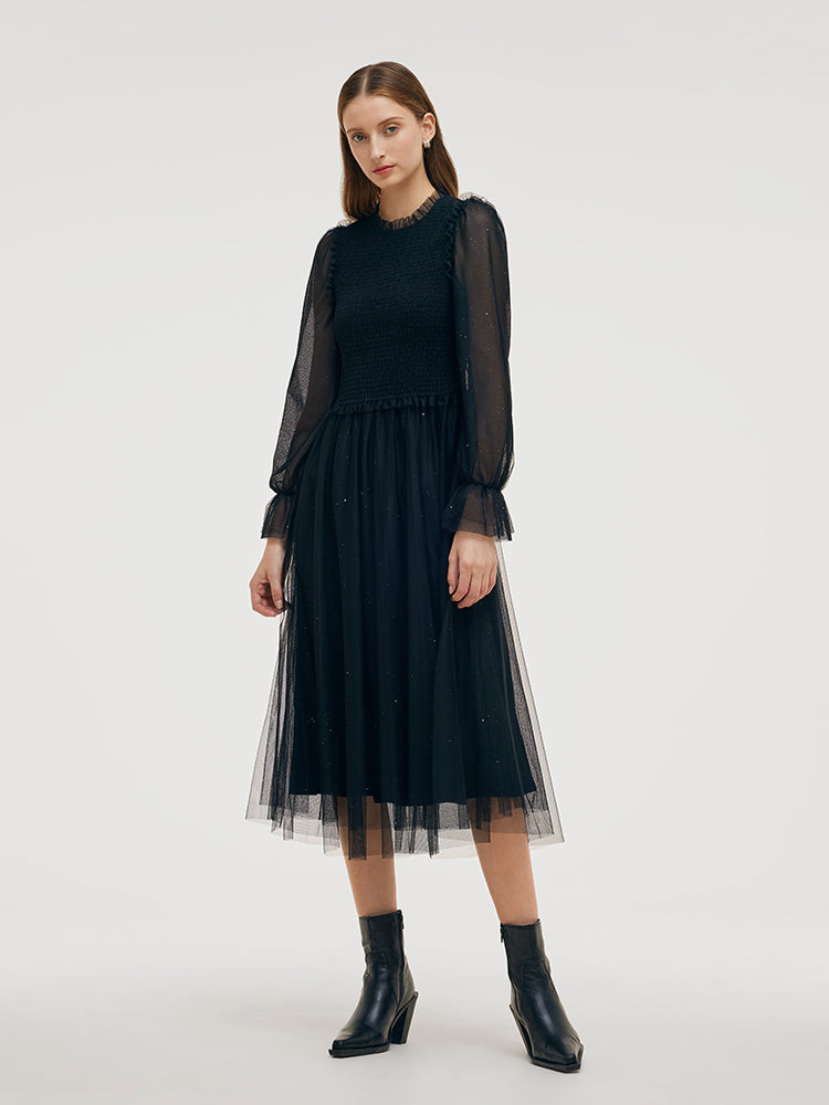 Pre-Order Ruffle Collar Tulle Women Midi Dress GOELIA