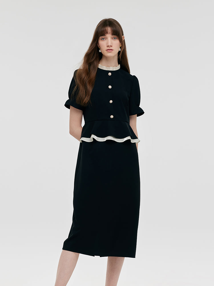 Ruffle Patchwork Round Neck Women Midi Dress GOELIA