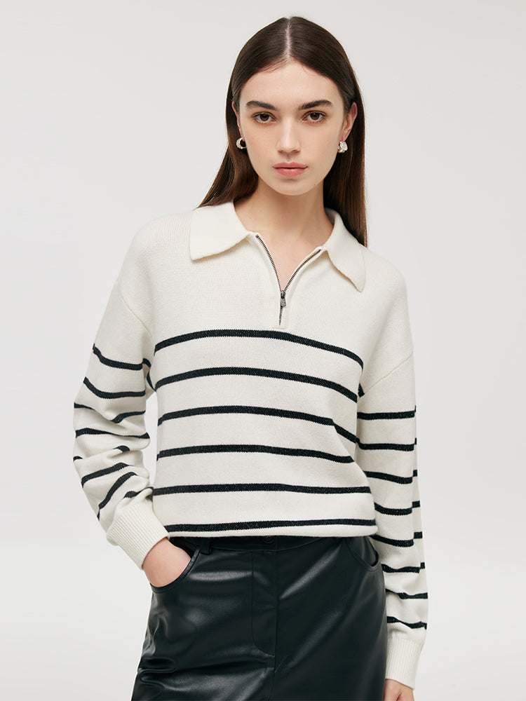 Wool Black And White Stripe Women Sweater GOELIA