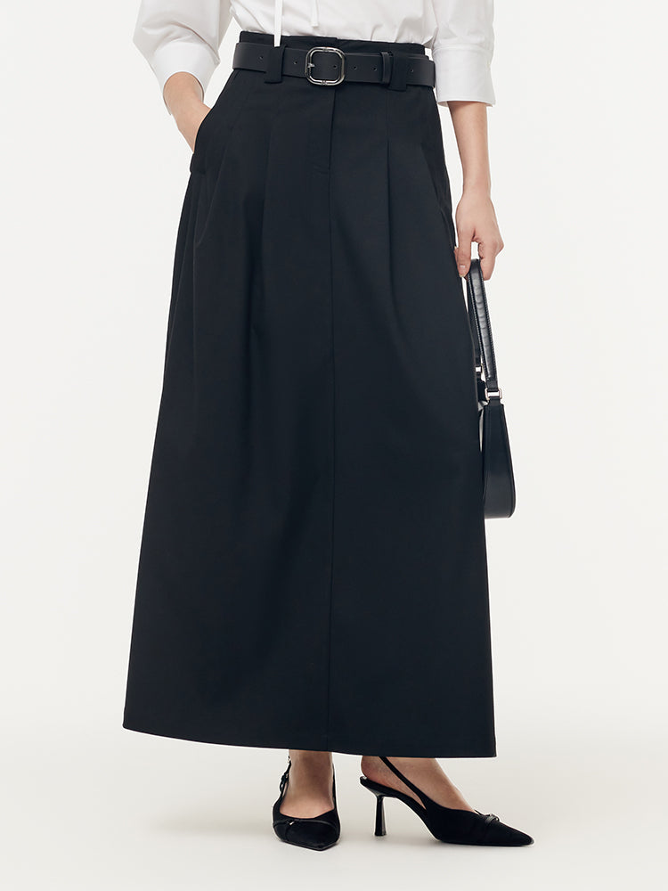 Black A-Line Women Maxi Skirt With Belt GOELIA