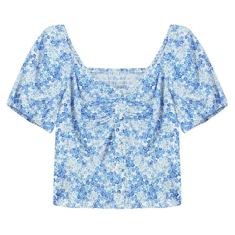 Blue Floral Print Women Blouse GOELIA