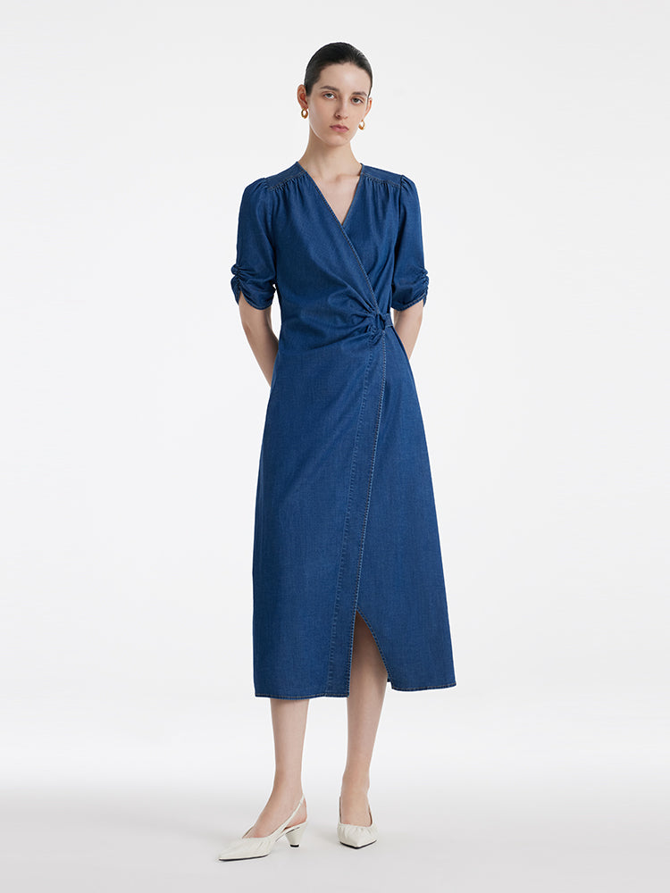 Denim V-Neck Twist Waist Women Midi Dress GOELIA