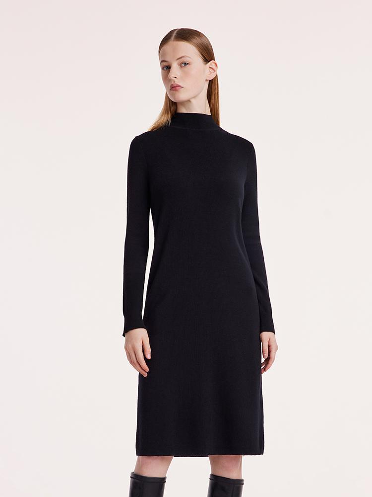 Black Pure Wool Mock Neck Knit Midi Work Dress GOELIA