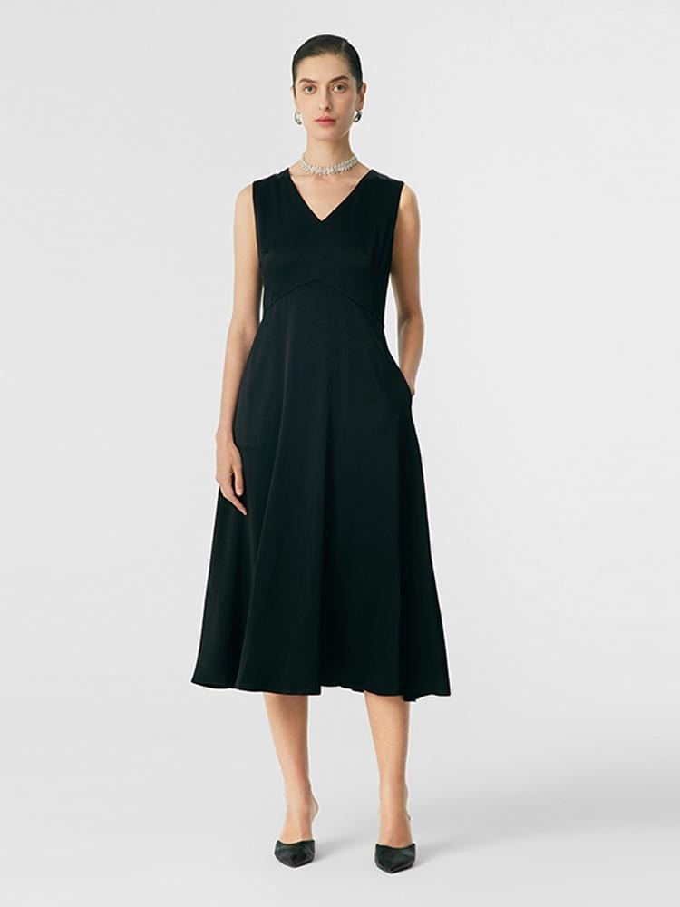 Black Triacetate Gathered Waist V-Neck Midi Dress GOELIA