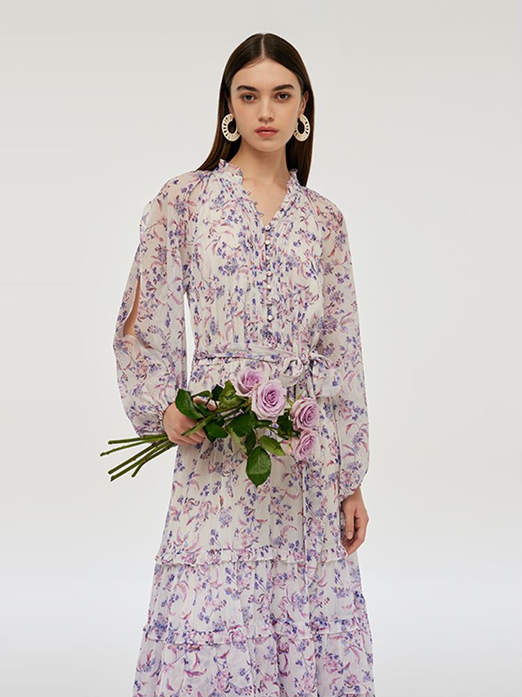 Floral Printed Tiered Women Maxi Dress With Belt GOELIA