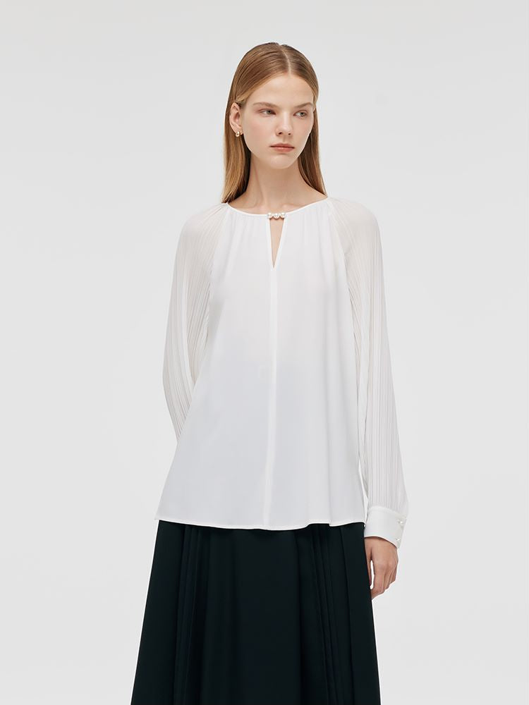 Acetate Pleated Sleeves Cut-Out Neck Women Blouse GOELIA