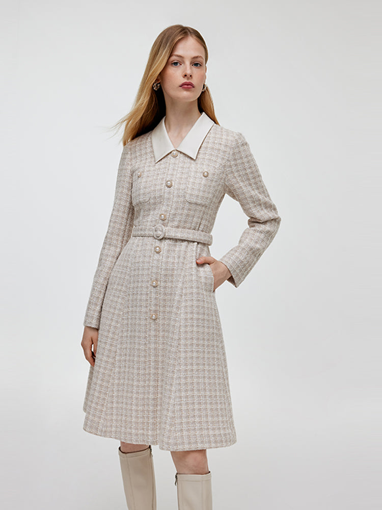 Wool Blend Tweed Patchwork Lapel Women Midi Dress With Belt GOELIA