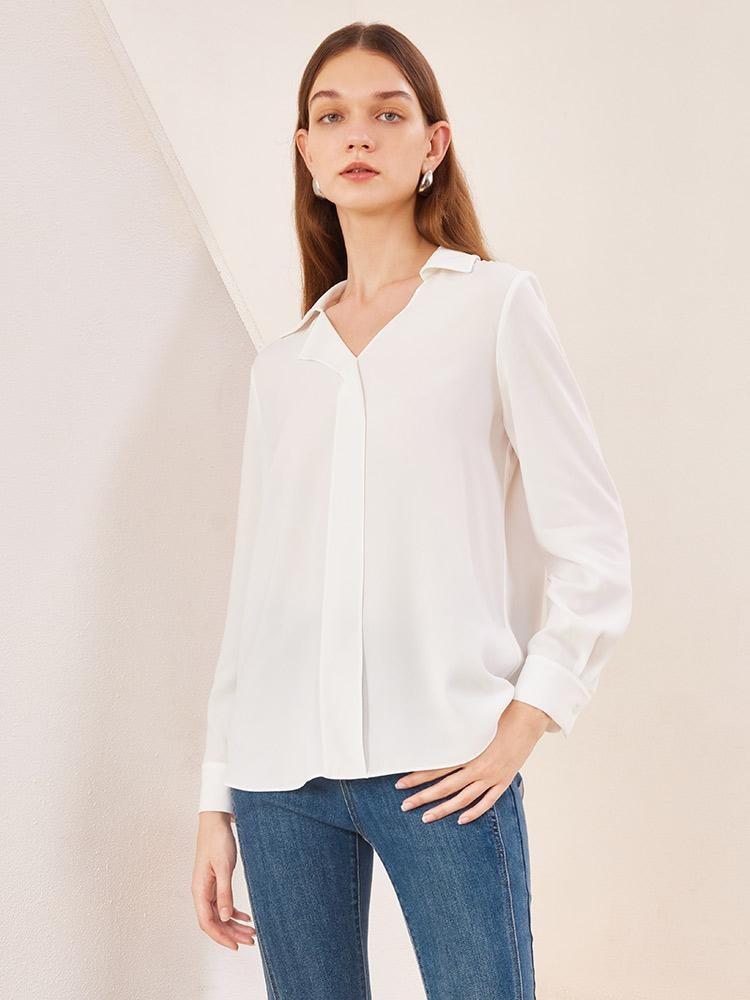 White Asymmetric Collar Woven Blouse GOELIA