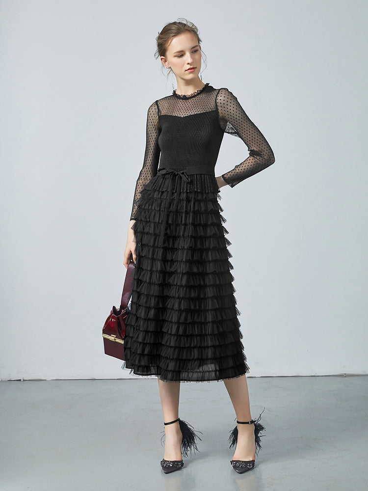 Pleated Tiered Sheer Sleeve Cake Midi Dress GOELIA