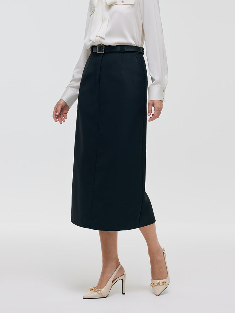 Worsted Wool Women Column Skirt With Leather Belt GOELIA