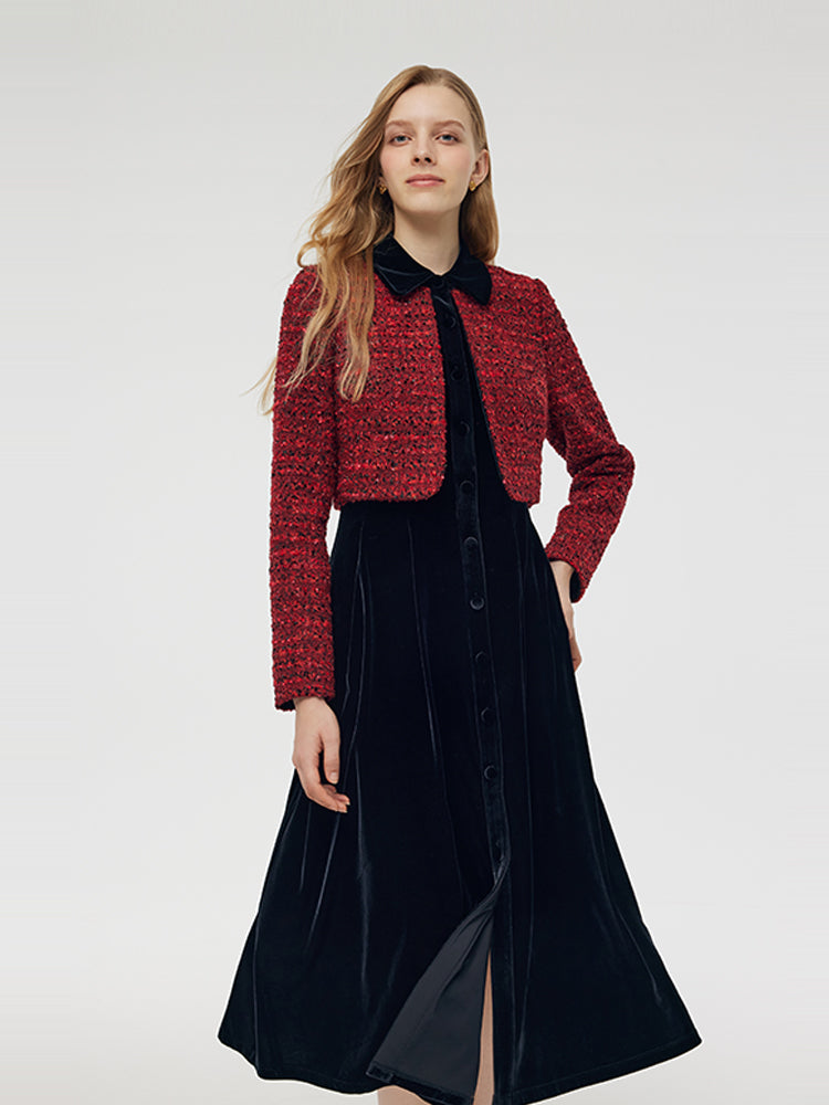 Wool Blend And Velvet Patchwork Women Midi Dress GOELIA