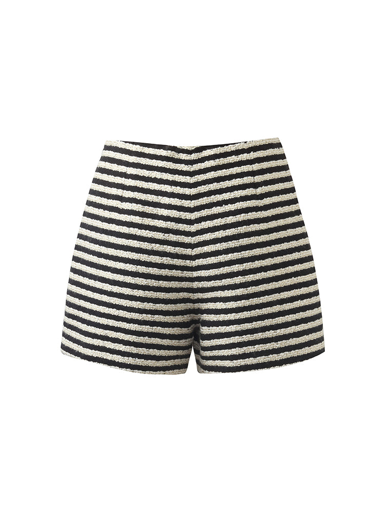 Black And White Stripe Tweed Women Shorts GOELIA