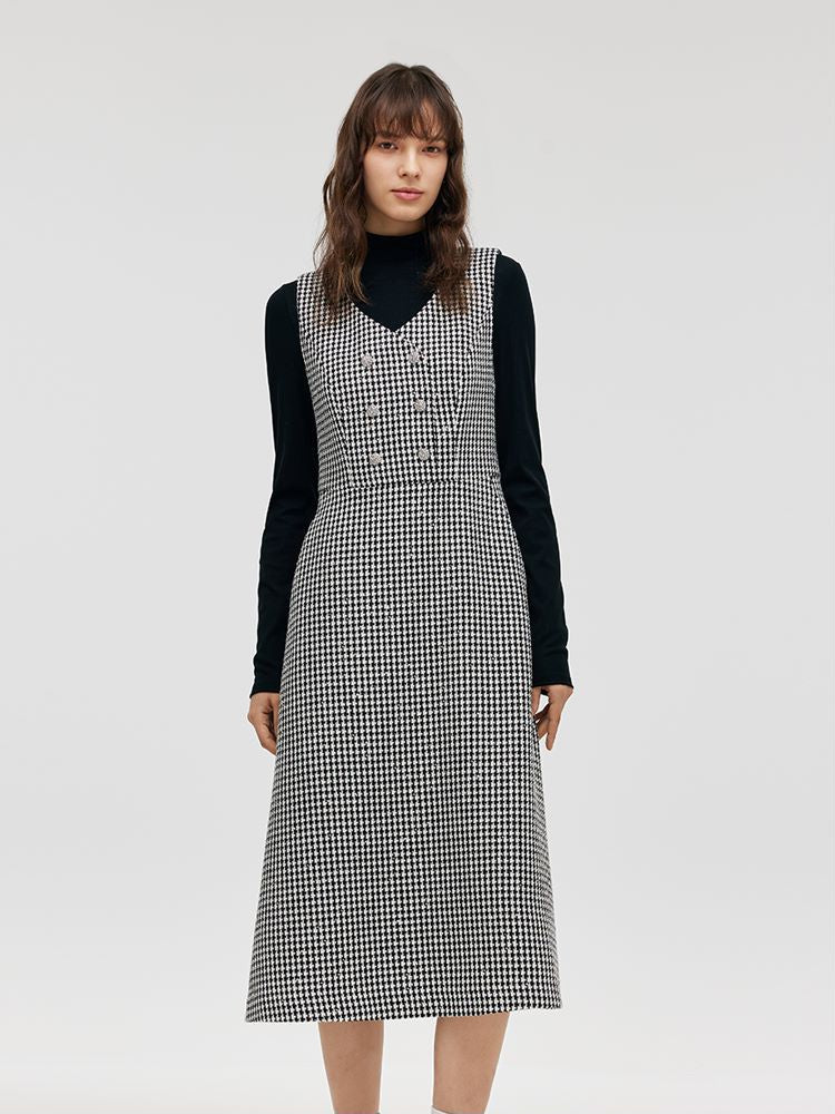 Black And White Houndstooth Vest Dress And Mock Neck Sweater Two-Piece Suit GOELIA