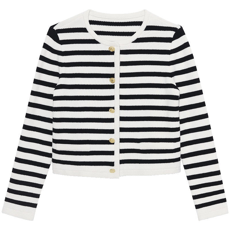 Button Up Woolen Striped Lady Cardigan GOELIA