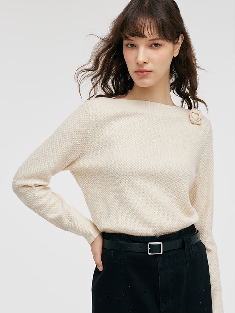 Off Shoulder Women Sweater With Detachable 3D Rose GOELIA