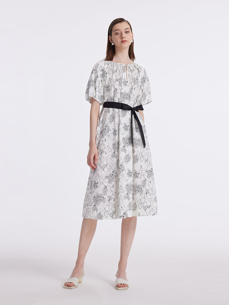 Puff Sleeves Iris Printed Women Midi Dress With Belts GOELIA