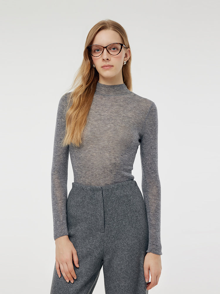 Wool Mock Neck Women Long Sleeve Top GOELIA