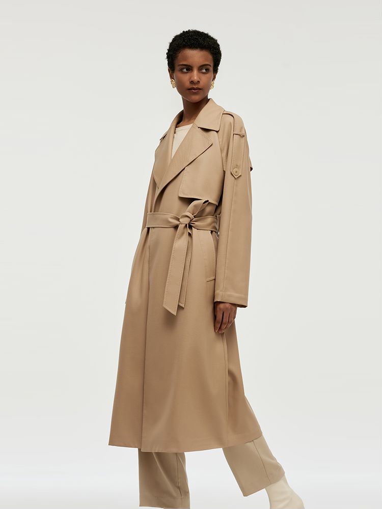 Worsted Wool Lapel Women Trench Coat With Belt GOELIA