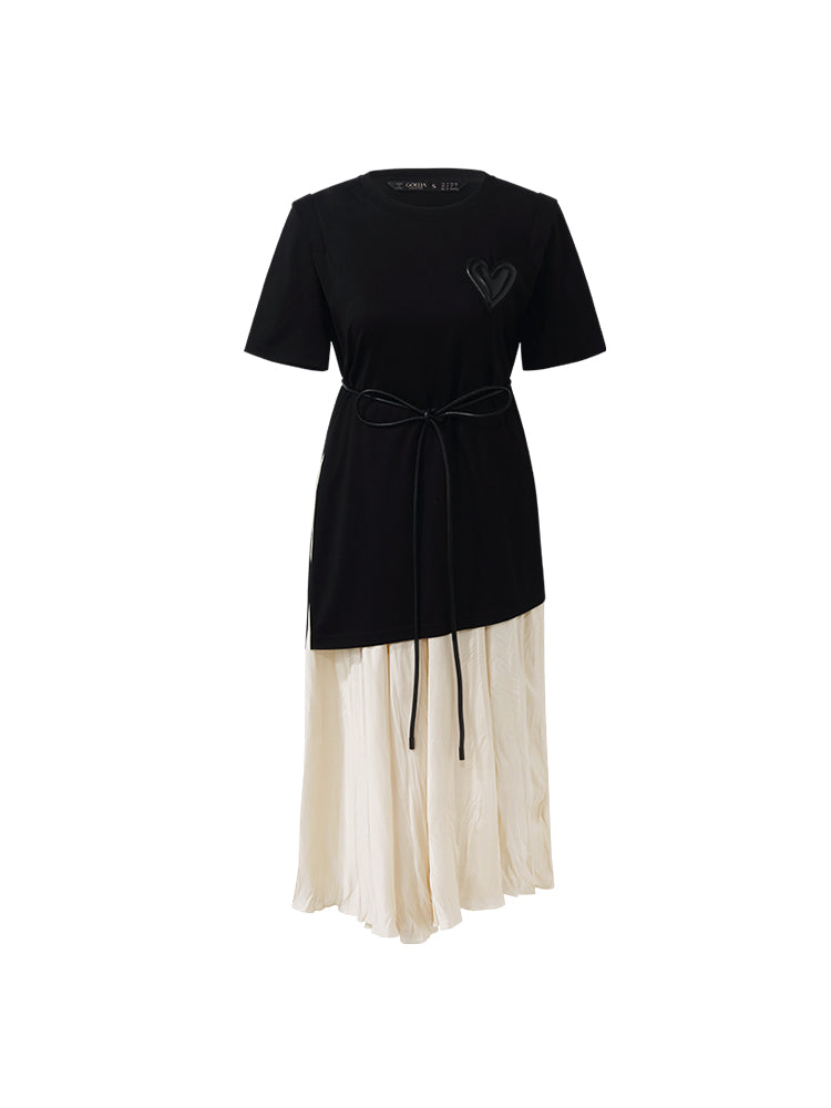 Asymmetrical Hem T-Shirt And Ruched Skirt Two-Piece Set With Belt GOELIA