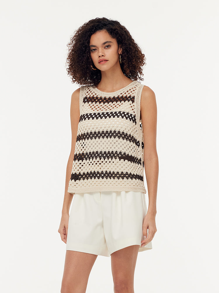 Brown Stripe Women Open-Knit Tank Top GOELIA