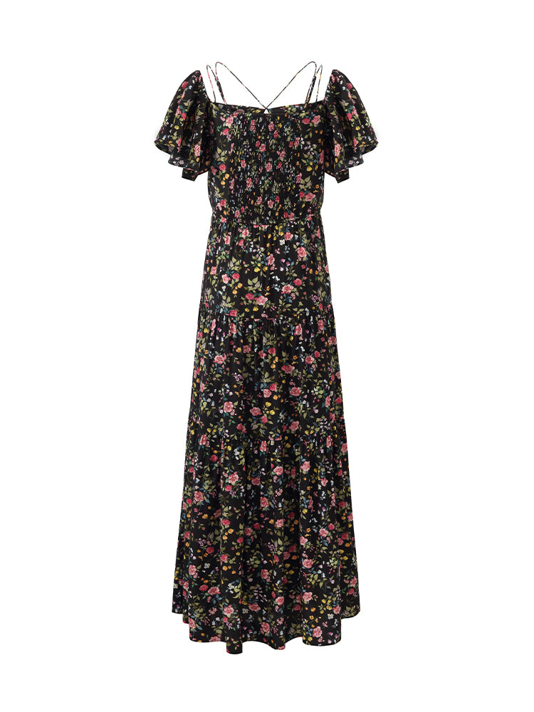 16 Momme Mulberry Silk Rose Printed Off Shoulder Women Maxi Dress GOELIA