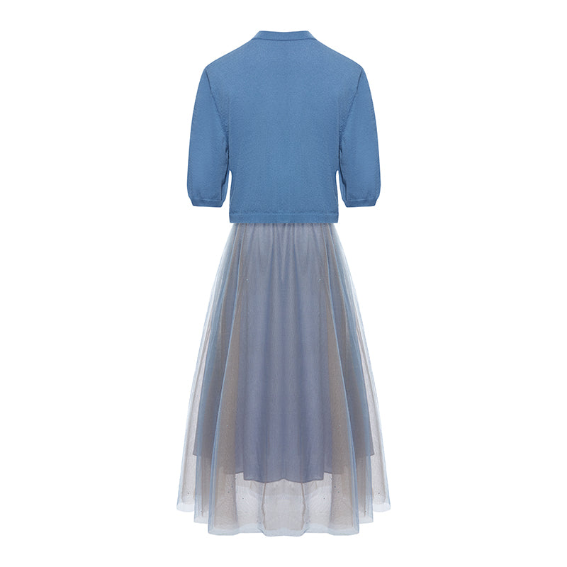 Two-Piece Set Blue Cardigan And Mesh Skirt GOELIA