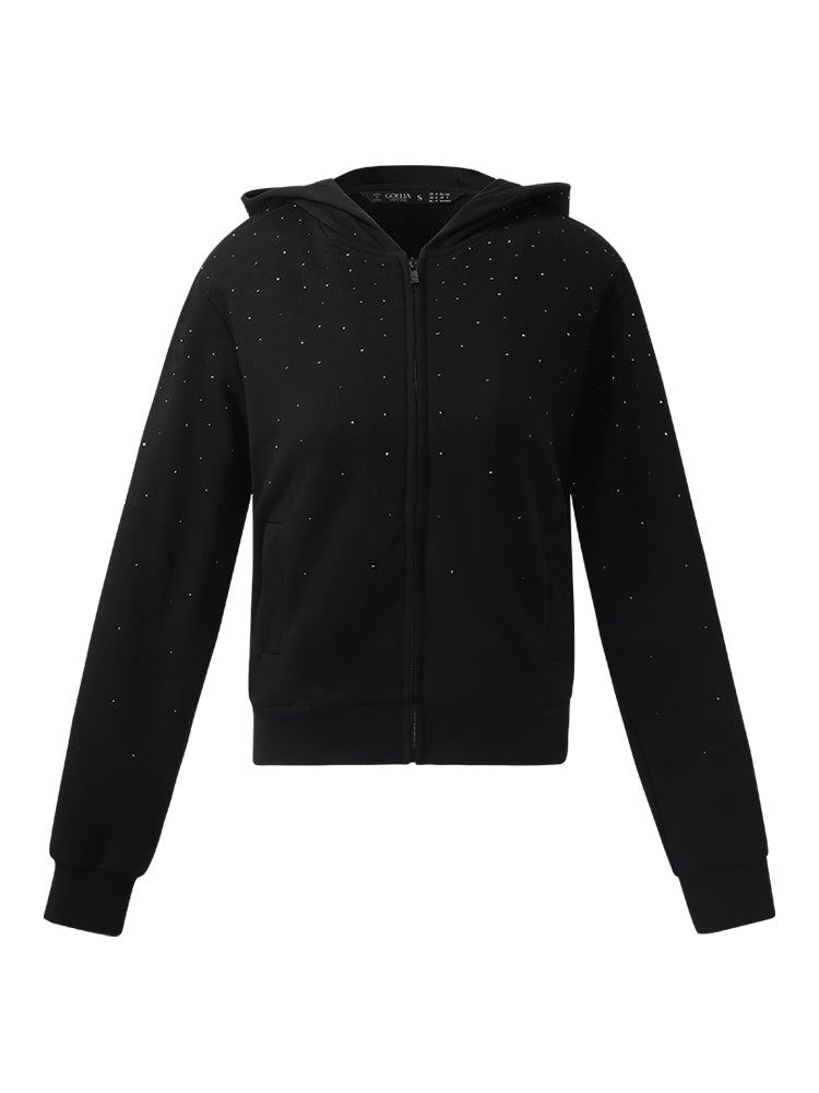 Rhinestone Knitted Women Crop Zip Hoodie GOELIA