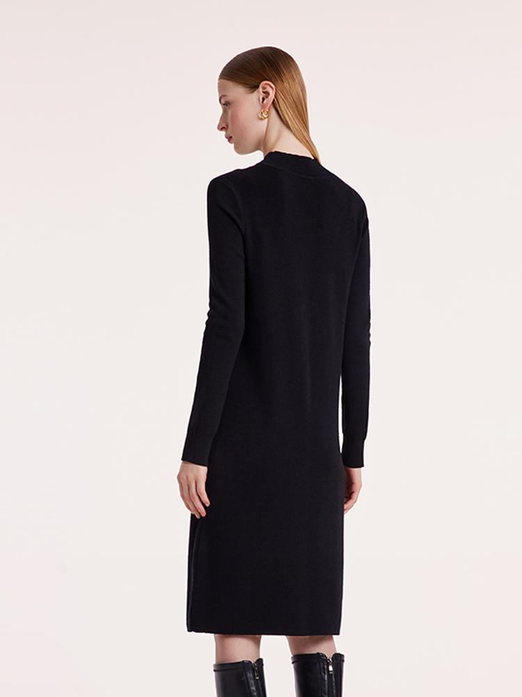 Black Pure Wool Mock Neck Knit Midi Work Dress GOELIA