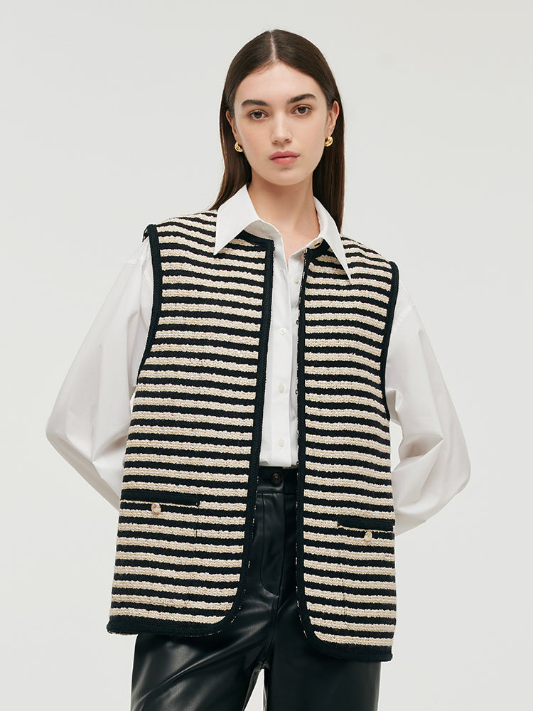 Wool Blend Tweed Black And White Stripe Women Vest GOELIA