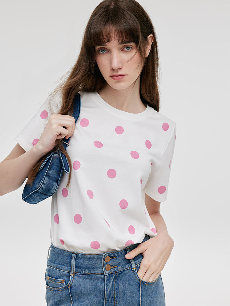 Polka Dots Printed Round Neck Women T-Shirt GOELIA