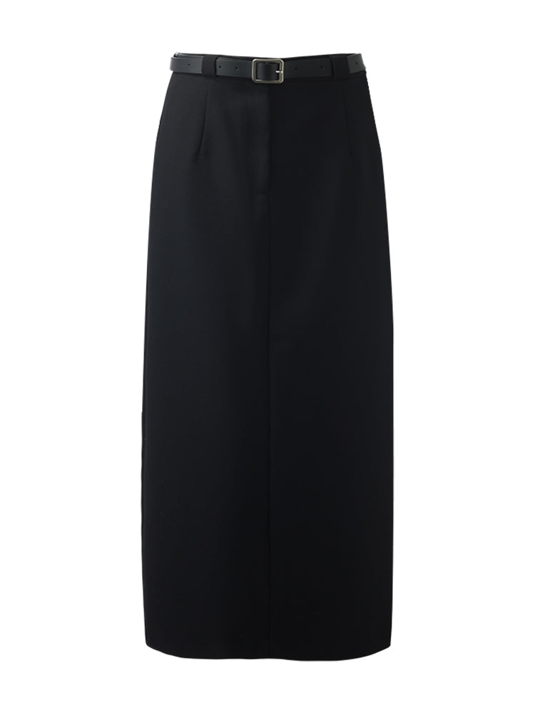 Worsted Wool Women Column Skirt With Leather Belt GOELIA