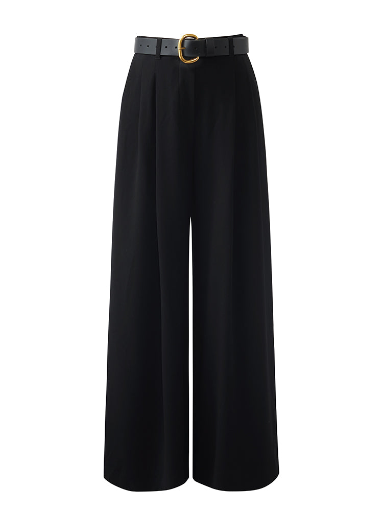 Triacetate Wide Leg Women Pants With Leather Belt GOELIA