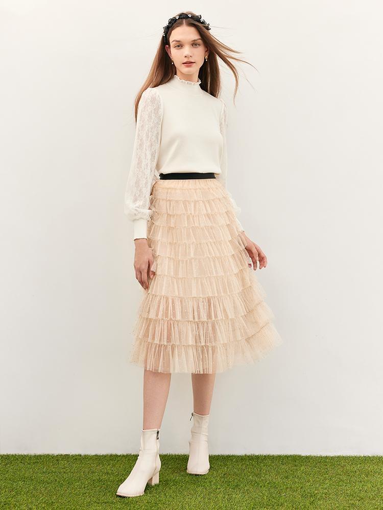 Beige Mesh Layered Skirt GOELIA