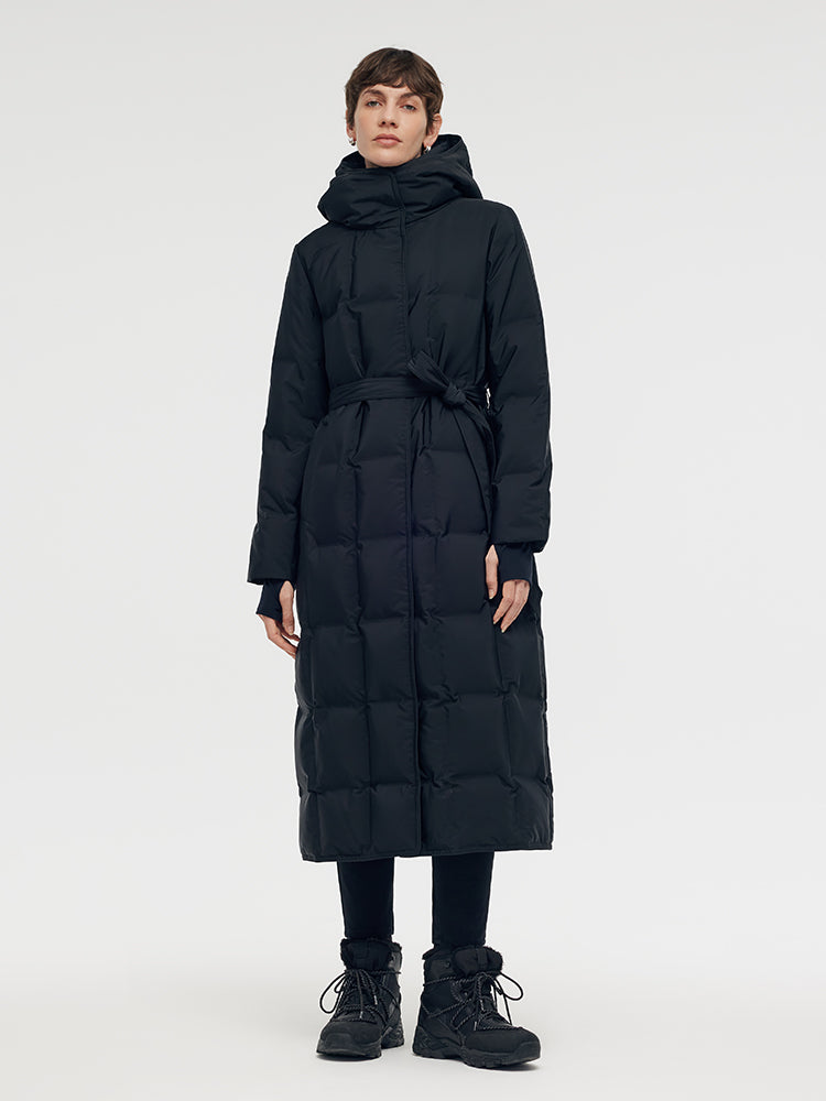 Hooded Long Goose Down Coat With Belt GOELIA