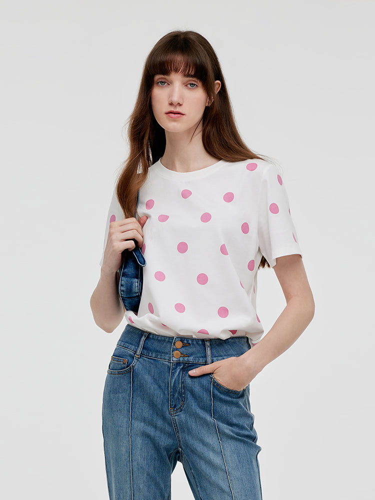 Polka Dots Printed Round Neck Women T-Shirt GOELIA