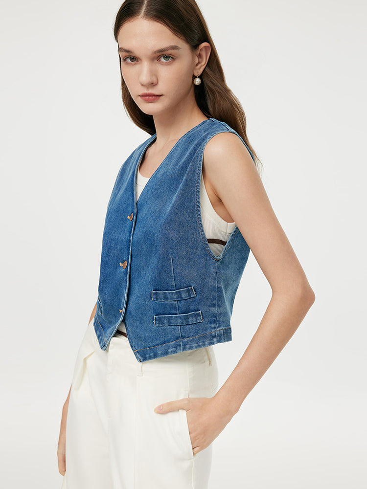 Single-Breasted Women Denim Crop Vest GOELIA