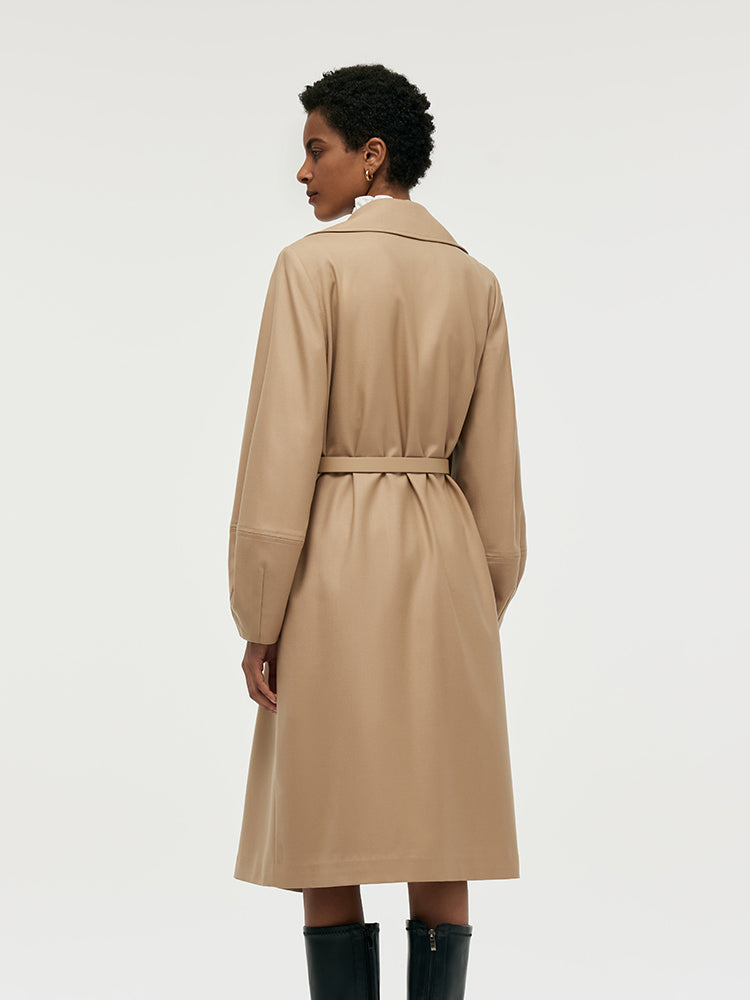 Worsted Wool Lantern Sleeve Women Trench Coat With Leather Belt GOELIA