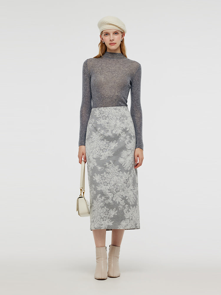 Silver Floral Jacquard Women Column Midi Skirt GOELIA