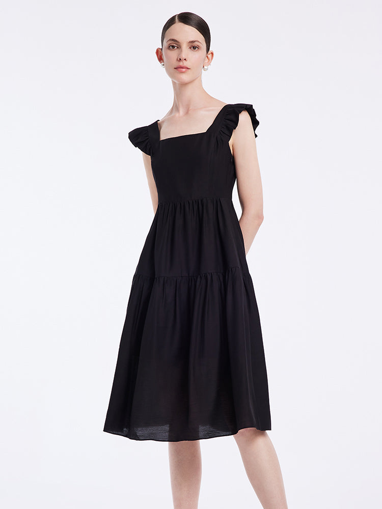 Black Acetate Ruffle Sleeve Dress GOELIA