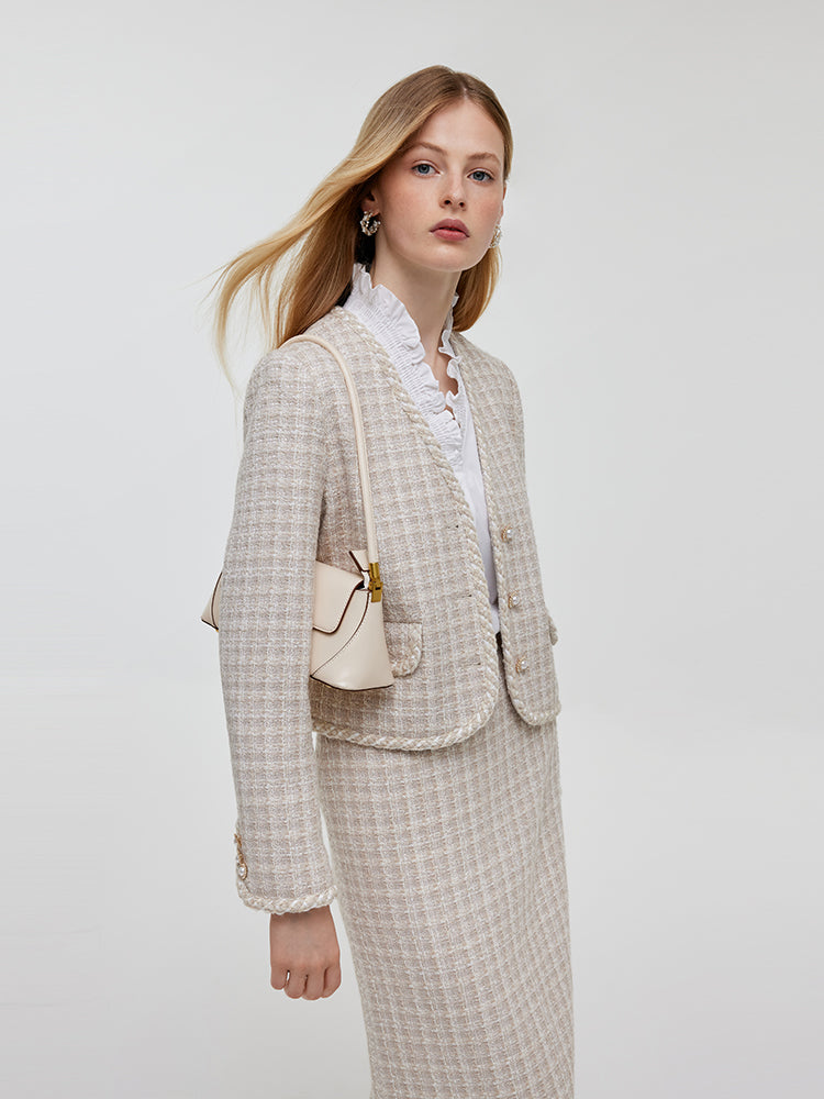 Wool Blend Tweed V-Neck Women Crop Jacket And Skirt Two-Piece Set GOELIA