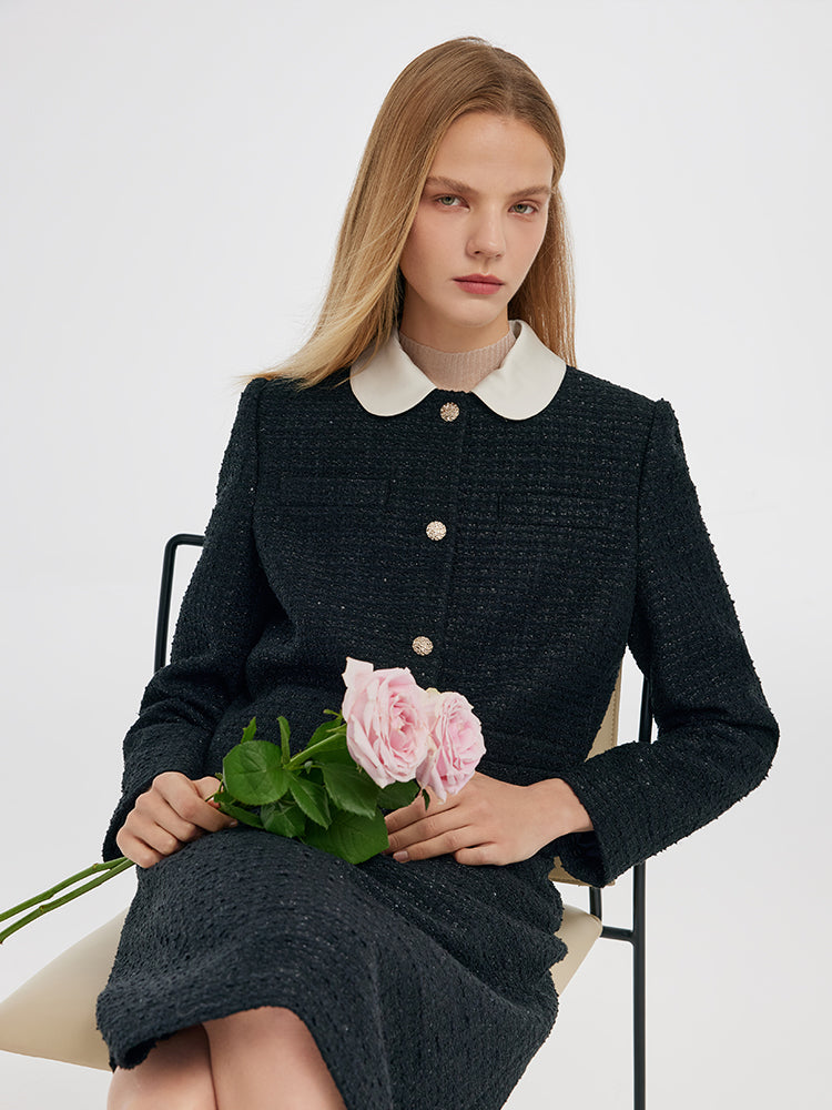 Tweed Crop Jacket And A-Line Skirt Two-Piece Set With Detachable Contrast Collar GOELIA