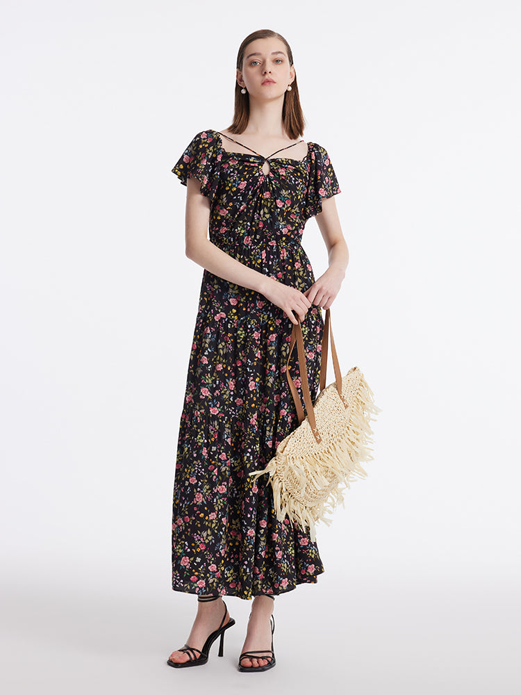 16 Momme Mulberry Silk Rose Printed Off Shoulder Women Maxi Dress GOELIA