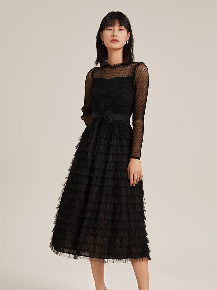 Pleated Tiered Sheer Sleeve Cake Midi Dress GOELIA