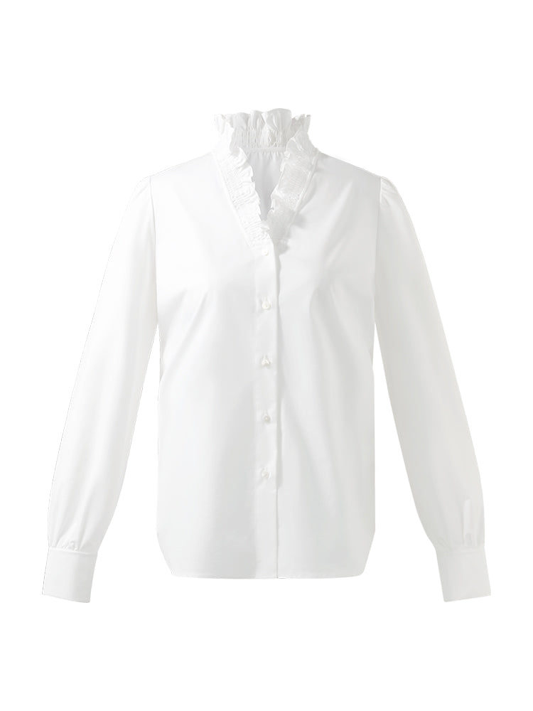 Ruffle Collared V-Neck Women Shirt GOELIA